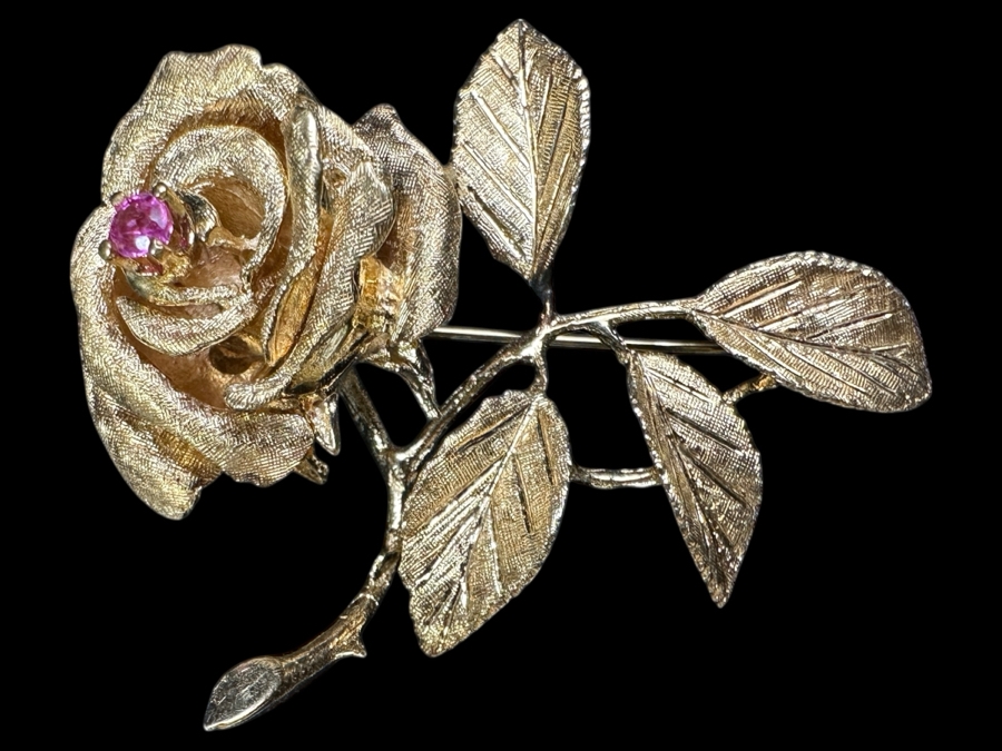 14k Gold Rose Brooch Pin With Stone 13.3g