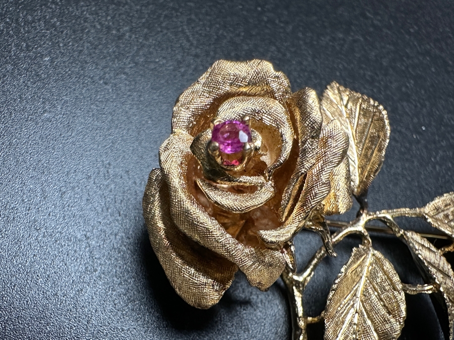 14k Gold Rose Brooch Pin With Stone 13.3g [Photo 3]
