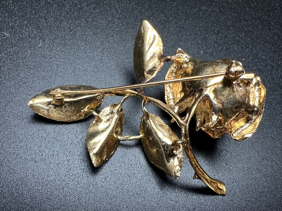 14k Gold Rose Brooch Pin With Stone 13.3g [Photo 7]