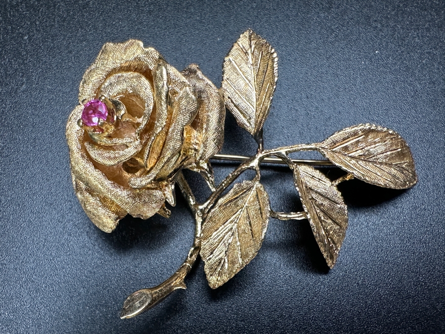14k Gold Rose Brooch Pin With Stone 13.3g [Photo 2]