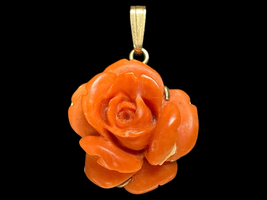 14k Gold Carved Coral Rose Pendant 3.4g