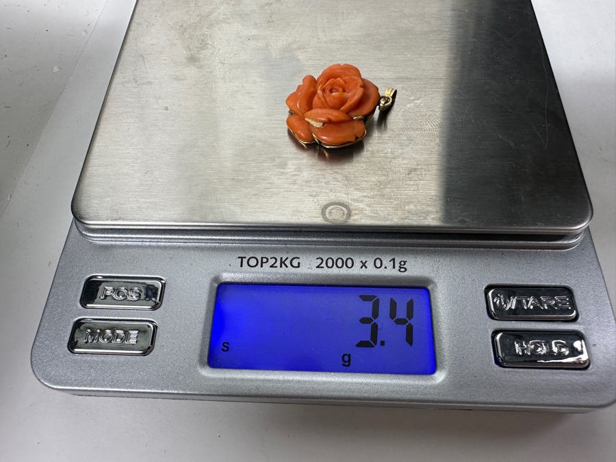 14k Gold Carved Coral Rose Pendant 3.4g [Photo 7]