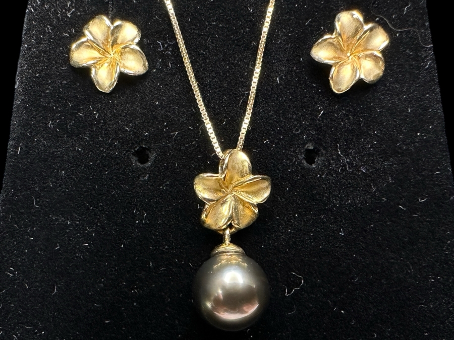 14k Gold Plumeria / Pearl Pendant 18' Necklace With Matching Earrings From Maui Divers Jewelry 4.0g