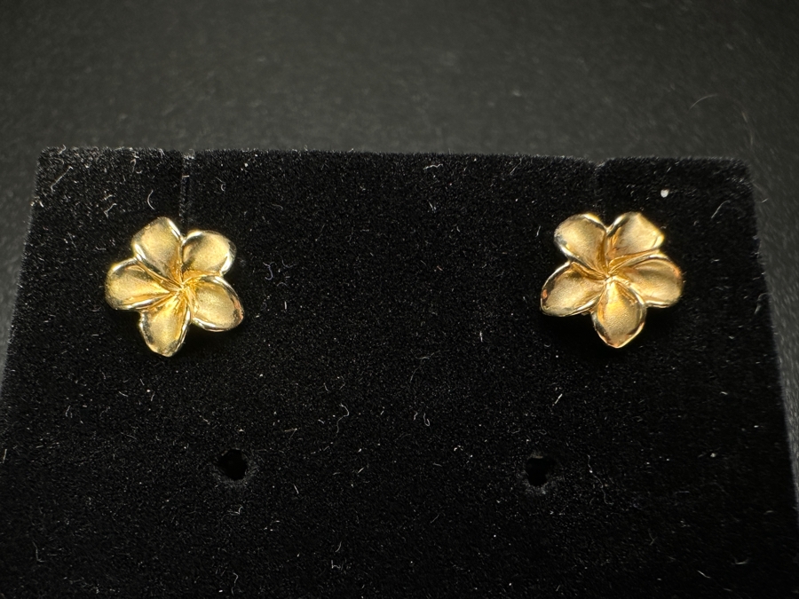 14k Gold Plumeria / Pearl Pendant 18' Necklace With Matching Earrings From Maui Divers Jewelry 4.0g [Photo 2]