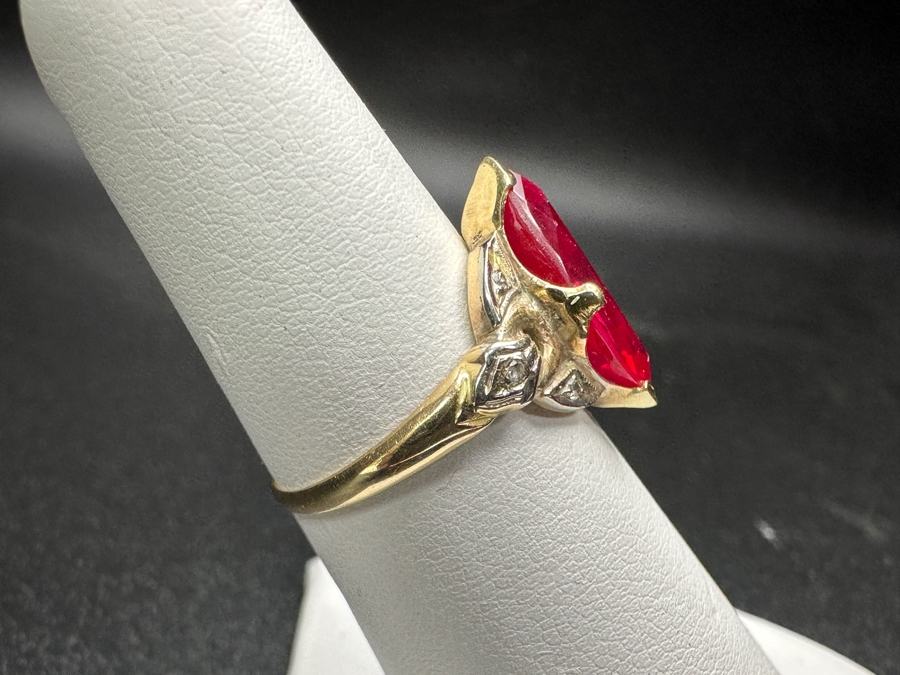 14k Gold 14x7mm Imitation Ruby Ring Size 5.75 2.5g Retails $600 [Photo 4]