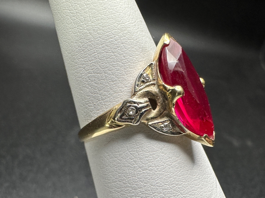 14k Gold 14x7mm Imitation Ruby Ring Size 5.75 2.5g Retails $600 [Photo 3]