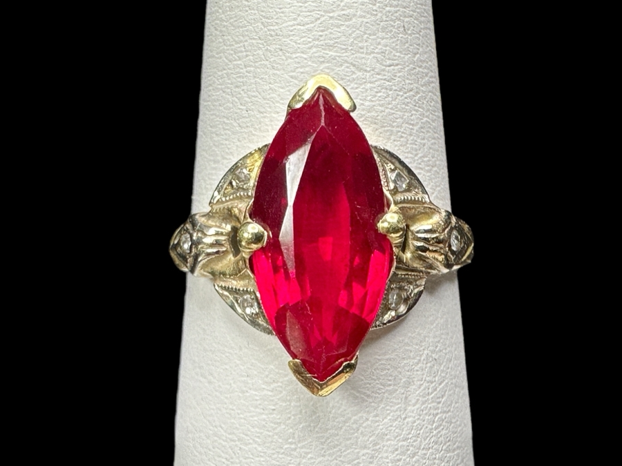 14k Gold 14x7mm Imitation Ruby Ring Size 5.75 2.5g Retails $600