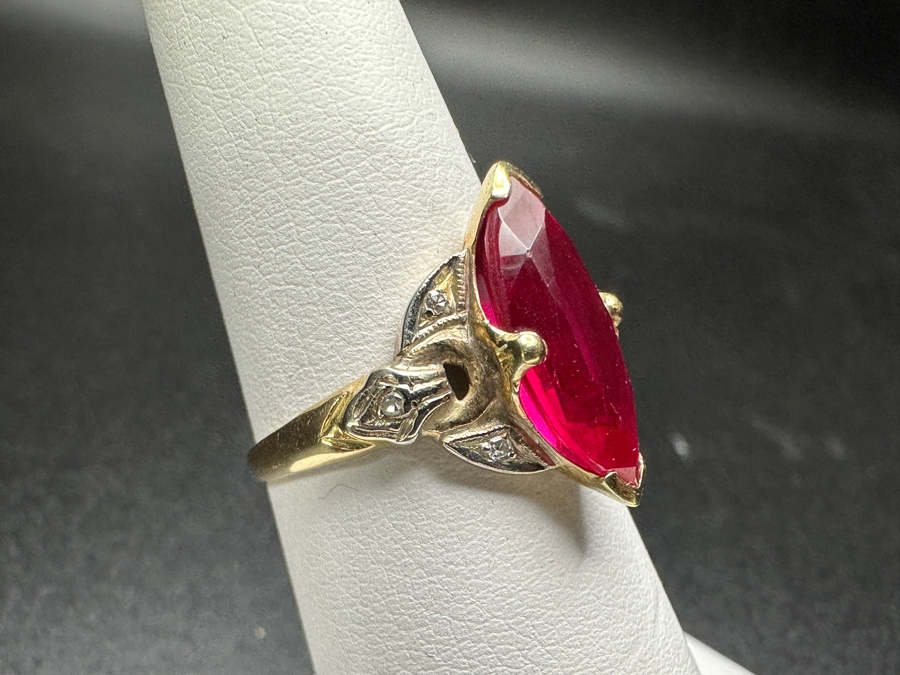 14k Gold 14x7mm Imitation Ruby Ring Size 5.75 2.5g Retails $600 [Photo 2]