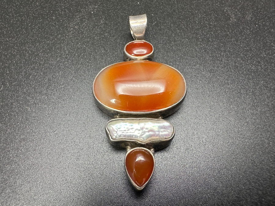 Sterling Silver Pendant With Agates And Pearl 13.8g [Photo 2]
