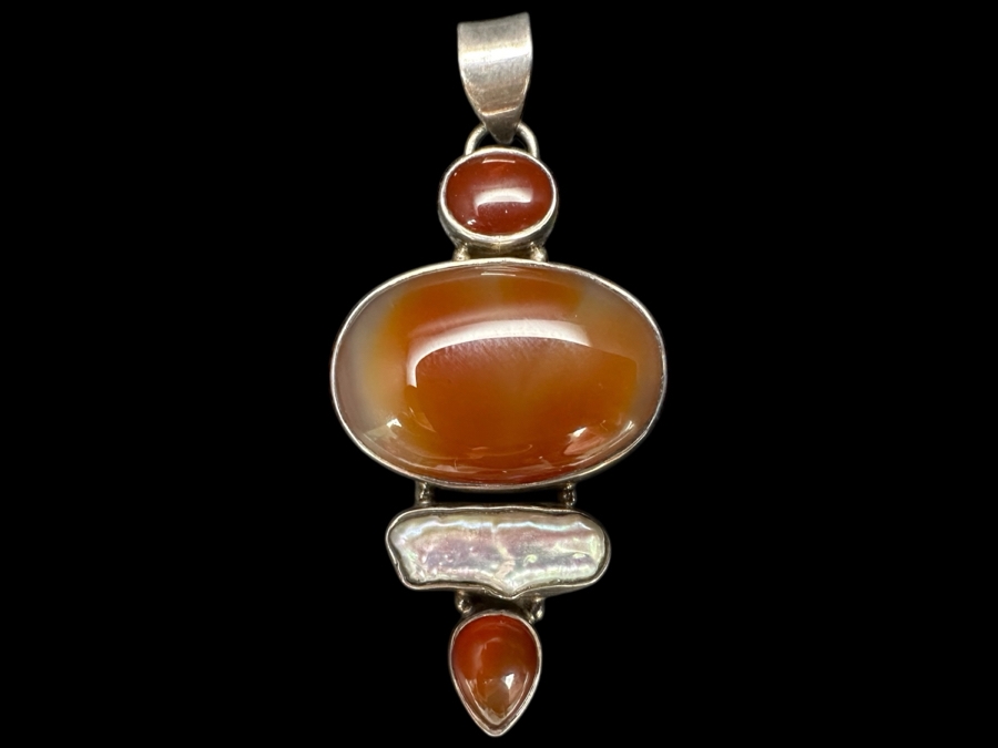 Sterling Silver Pendant With Agates And Pearl 13.8g