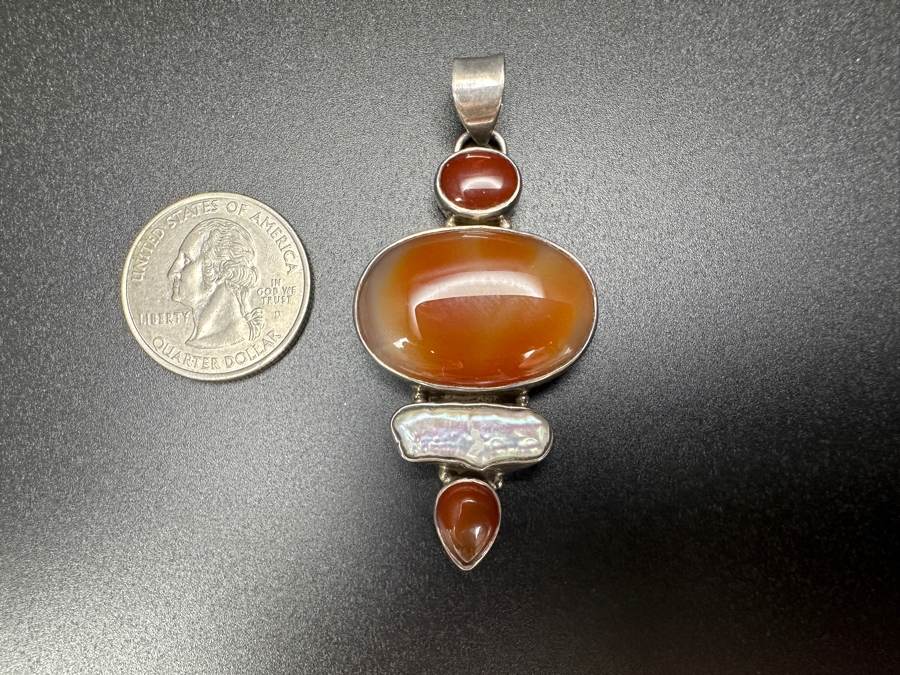 Sterling Silver Pendant With Agates And Pearl 13.8g [Photo 3]