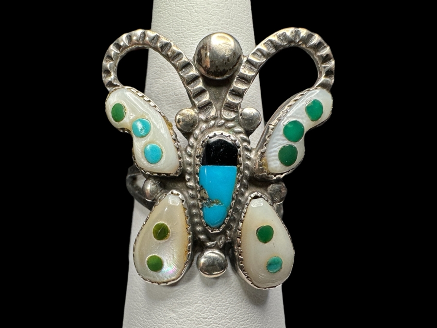 Sterling Silver Mother Of Pearl / Turquoise Butterfly Ring Size 7.5 5.3g
