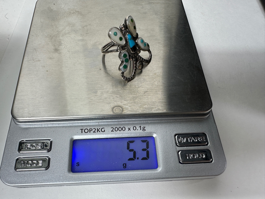 Sterling Silver Mother Of Pearl / Turquoise Butterfly Ring Size 7.5 5.3g [Photo 5]