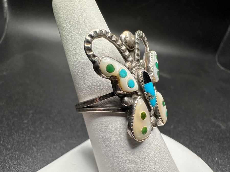 Sterling Silver Mother Of Pearl / Turquoise Butterfly Ring Size 7.5 5.3g [Photo 3]