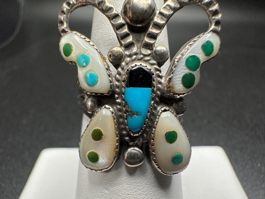 Sterling Silver Mother Of Pearl / Turquoise Butterfly Ring Size 7.5 5.3g [Photo 2]