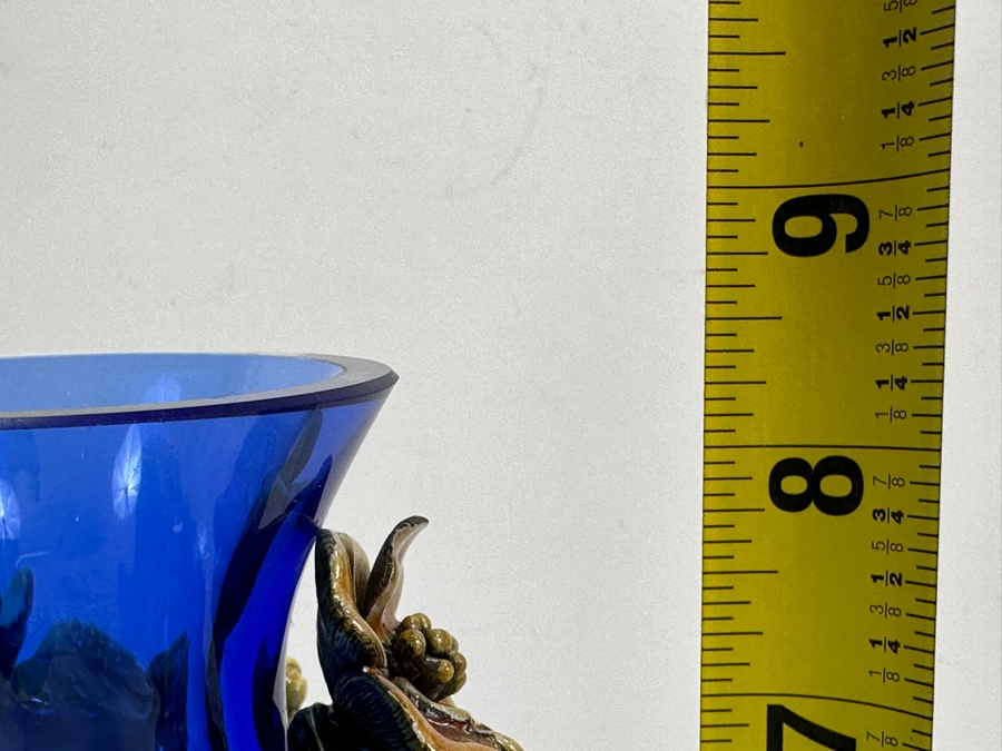 Jay Strongwater Blue Glass Vase With Floral Metal Ornamentation 8.5'H Retails $850 [Photo 8]