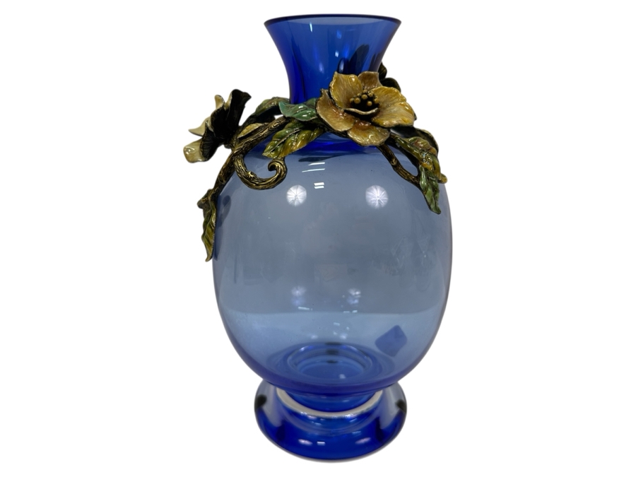 Jay Strongwater Blue Glass Vase With Floral Metal Ornamentation 8.5'H Retails $850