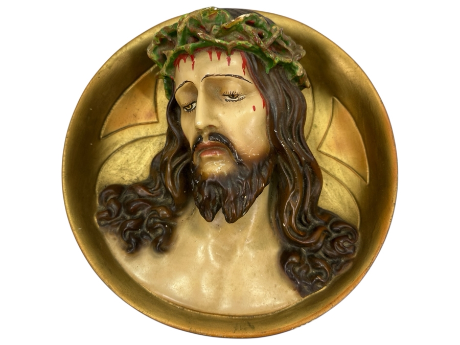 Relief Plaster Chalkware Polychrome Jesus Wall Plaque 12W X 4.5D