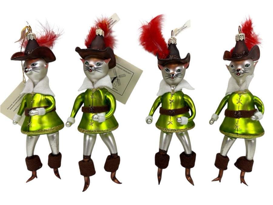(4) David Strand  Handmade Glass Puss In Boots Christmas Ornaments Retails $312