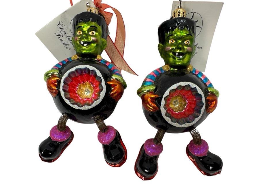 (2) Christopher Radko Handmade Glass Frankenstein Ornaments