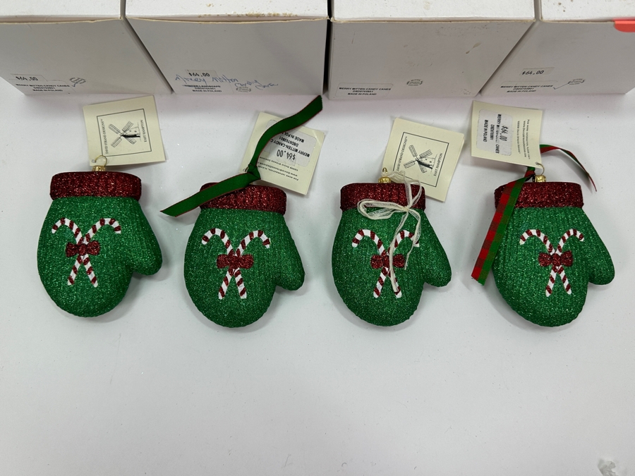 (4) David Strand Handmade Glass Merry-Mitten Candy Cane Christmas Ornaments Retails $256 [Photo 2]
