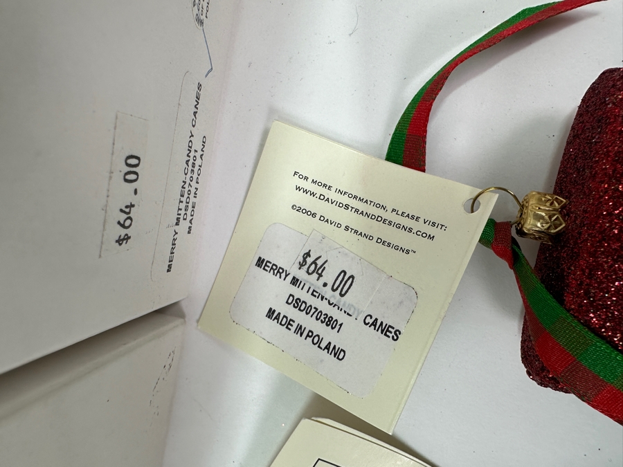 (4) David Strand Handmade Glass Merry-Mitten Candy Cane Christmas Ornaments Retails $256 [Photo 5]