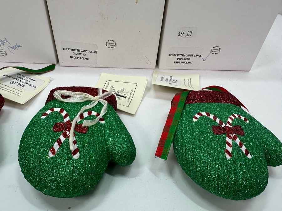 (4) David Strand Handmade Glass Merry-Mitten Candy Cane Christmas Ornaments Retails $256 [Photo 6]