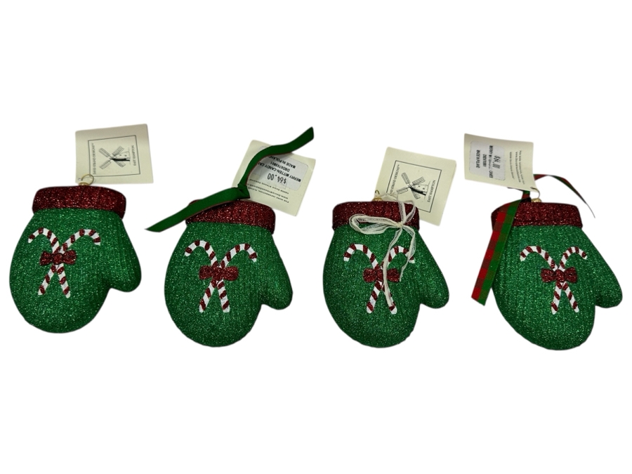 (4) David Strand Handmade Glass Merry-Mitten Candy Cane Christmas Ornaments Retails $256