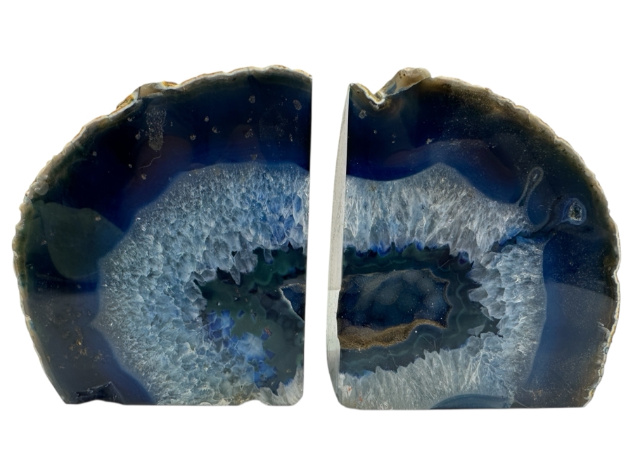 Pair of Blue Agate Geode Bookends 4.5'W x 5'H