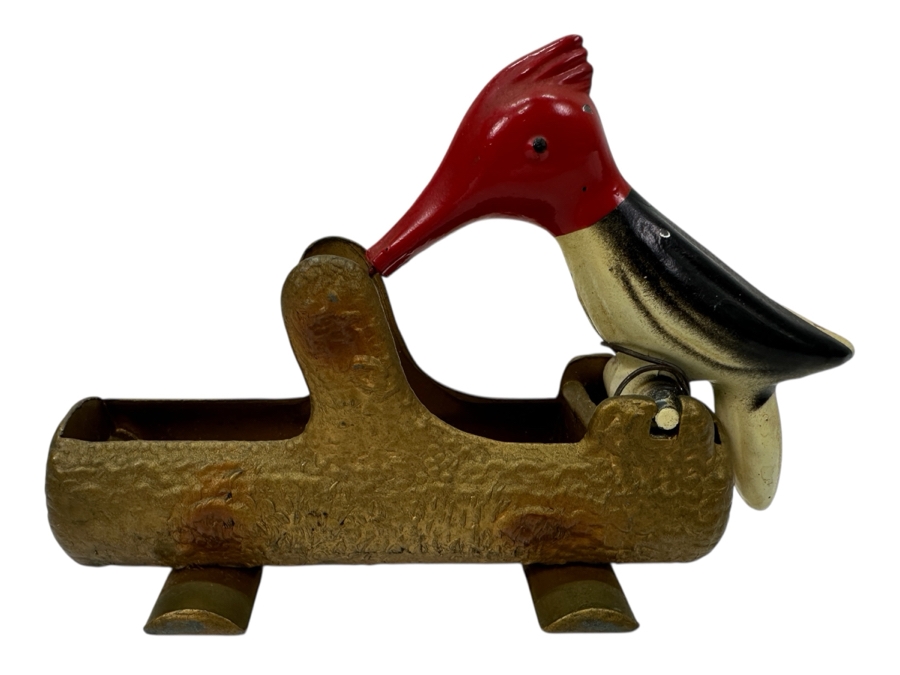 Vintage Cast Metal Painted Woodpecker Toothpick Dispenser 4.5'L