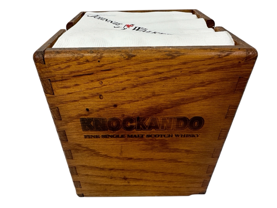 Just Added - Wooden Bar Knockando Fine Single Malt Scotch Whisky Bar Napkin Holder With Johnnie Walker Advertising Napkins 6W X 6D X 6.75H