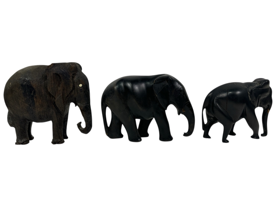 Just Added - Set Of Three Carved Hardwood Elephant Figurines Tallest Is 5.5”H