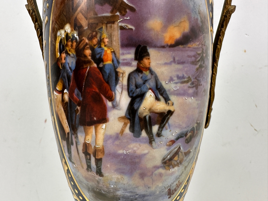 Just Added - Vintage French Hand Painted Sevres Style Porcelain Vase Urn With Gilt Metal Mounts Signed Reols Featuring A Scene Of Napoleon With His Generals 14.5H [Photo 4]