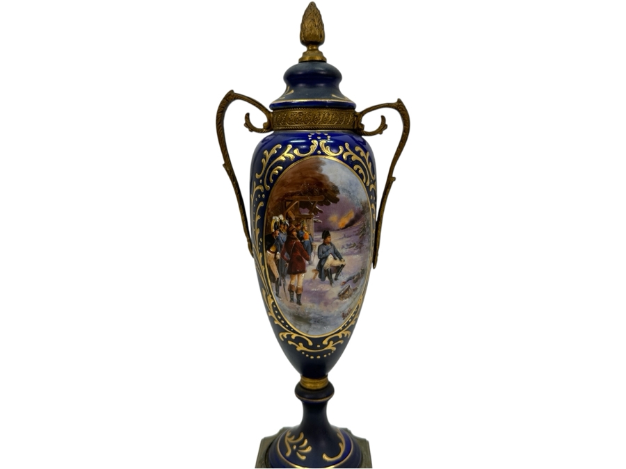 Just Added - Vintage French Hand Painted Sevres Style Porcelain Vase Urn With Gilt Metal Mounts Signed Reols Featuring A Scene Of Napoleon With His Generals 14.5H