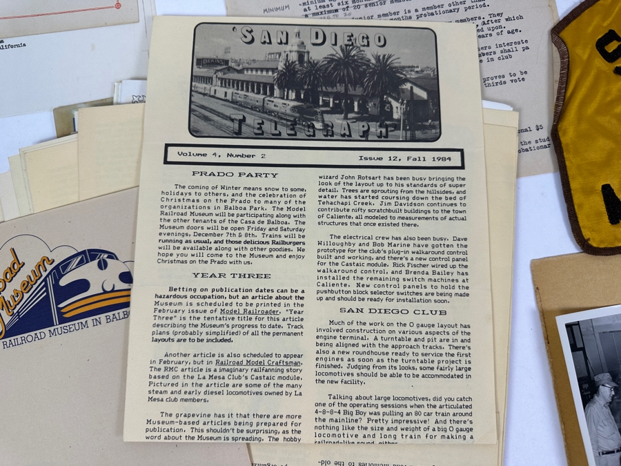 Just Added - San Diego Model Railroad Club & Balboa Park Railroad Museum Collectibles: 2 Oversized SD Model R. R. Club Patches, 1949 Articles Of Incorporation SD Model RR Association, SD Model RR Club Constitution, Early Photos, Brochures & Newsletters [Photo 11]