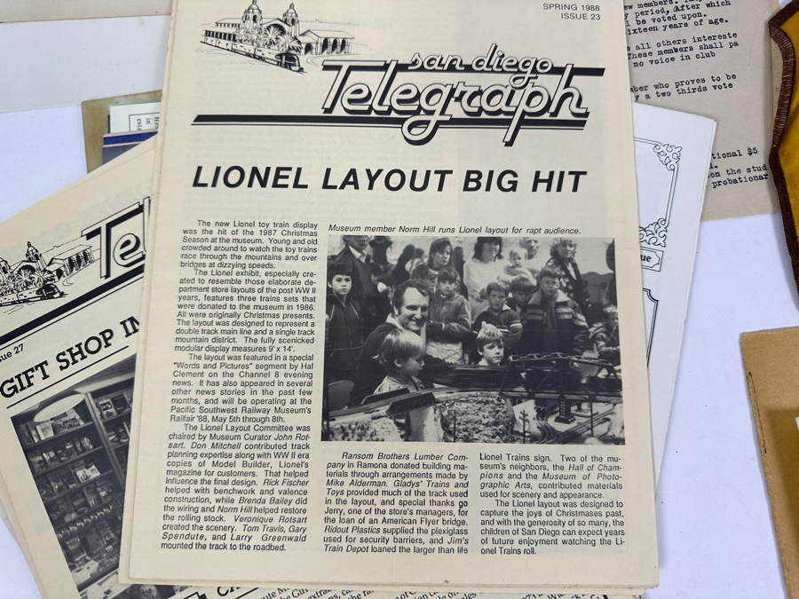 Just Added - San Diego Model Railroad Club & Balboa Park Railroad Museum Collectibles: 2 Oversized SD Model R. R. Club Patches, 1949 Articles Of Incorporation SD Model RR Association, SD Model RR Club Constitution, Early Photos, Brochures & Newsletters [Photo 14]