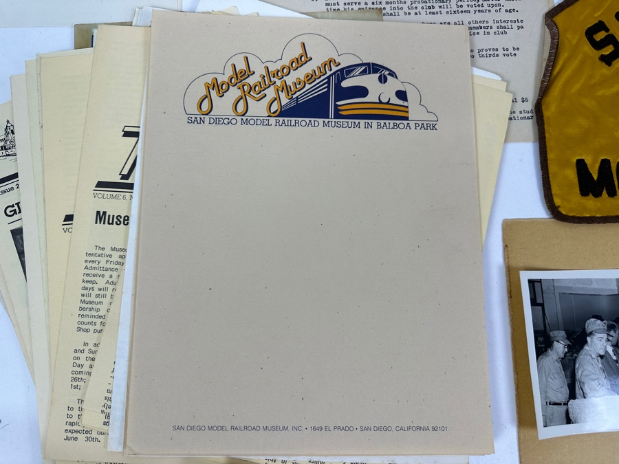 Just Added - San Diego Model Railroad Club & Balboa Park Railroad Museum Collectibles: 2 Oversized SD Model R. R. Club Patches, 1949 Articles Of Incorporation SD Model RR Association, SD Model RR Club Constitution, Early Photos, Brochures & Newsletters [Photo 12]
