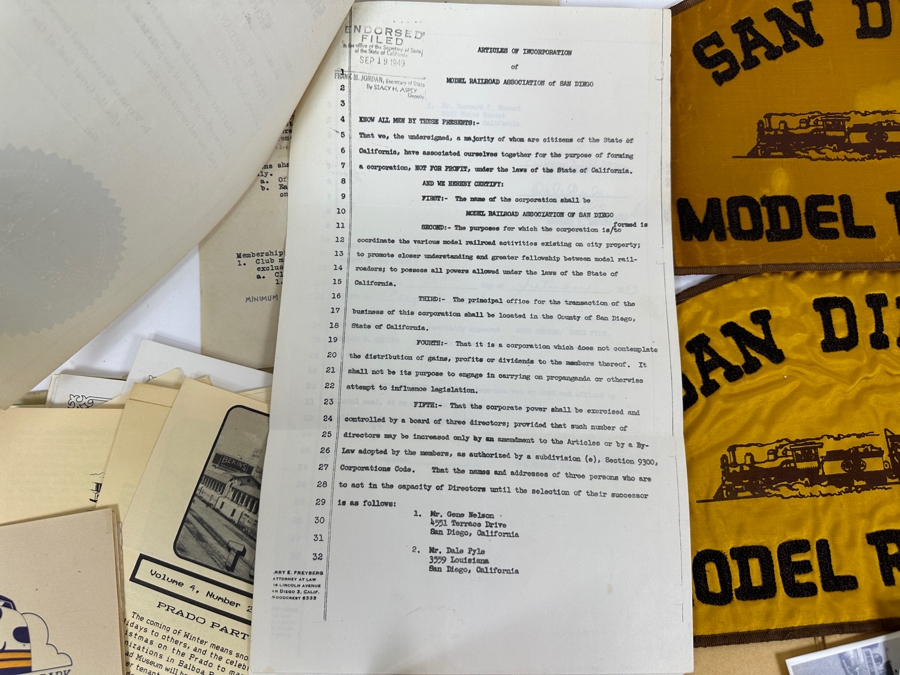 Just Added - San Diego Model Railroad Club & Balboa Park Railroad Museum Collectibles: 2 Oversized SD Model R. R. Club Patches, 1949 Articles Of Incorporation SD Model RR Association, SD Model RR Club Constitution, Early Photos, Brochures & Newsletters [Photo 8]