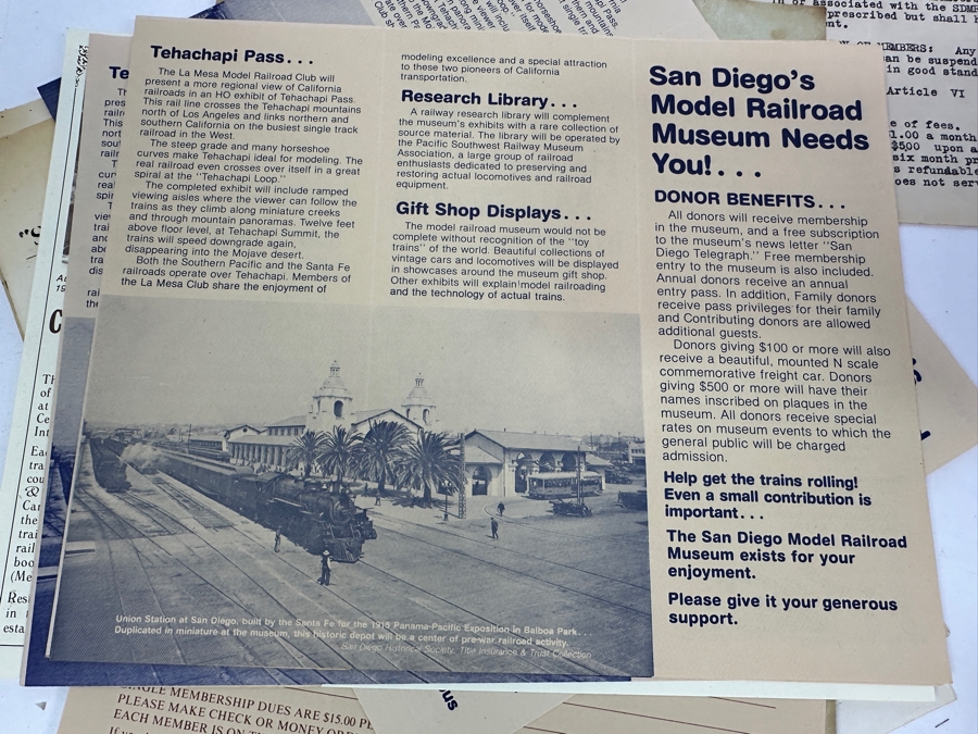 Just Added - San Diego Model Railroad Club & Balboa Park Railroad Museum Collectibles: 2 Oversized SD Model R. R. Club Patches, 1949 Articles Of Incorporation SD Model RR Association, SD Model RR Club Constitution, Early Photos, Brochures & Newsletters [Photo 17]