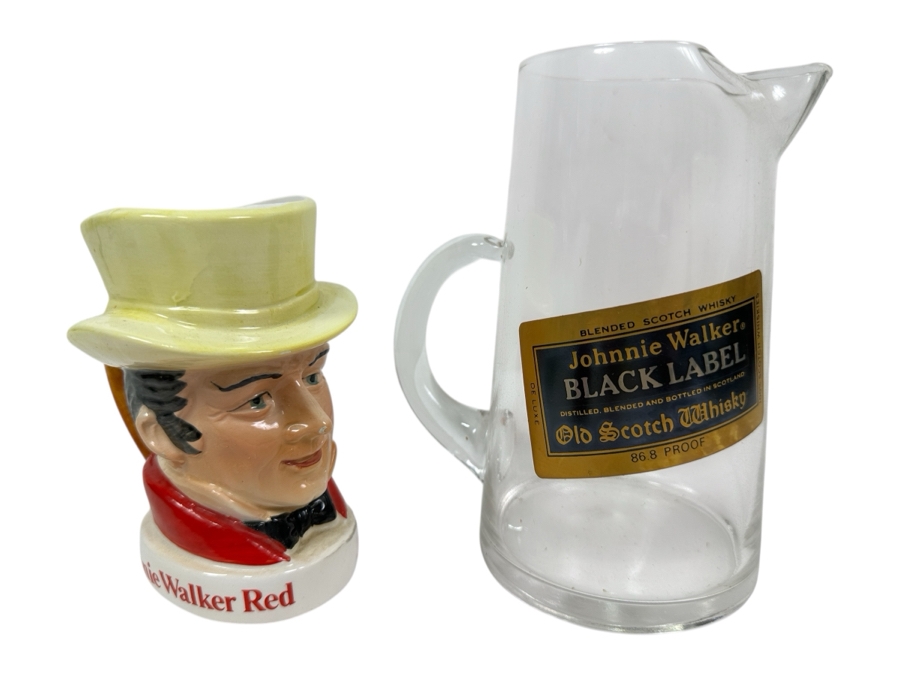 Just Added - Johnnie Walker Red Toby Mug 5H & Johnnie Walker Black Label Old Scotch Whisky Advertising Glass Pitchers 7H