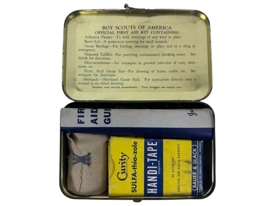 Just Added - Vintage Boy Scouts Of America Official First Aid Kit Prepared By Johnson & Johnson In Metal Tin Box Unused Complete Kit