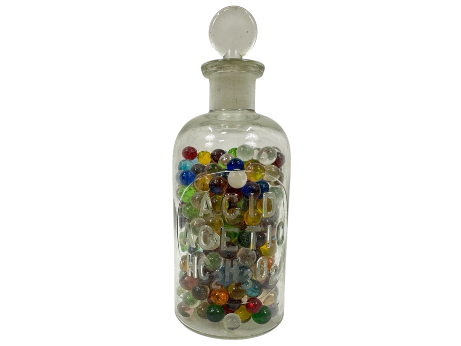Just Added - Vintage Acetic Acid Bottle Filled With Miniature Small Colored Glass Marbles 7H