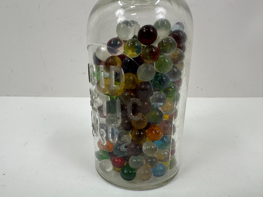 Just Added - Vintage Acetic Acid Bottle Filled With Miniature Small Colored Glass Marbles 7H [Photo 12]