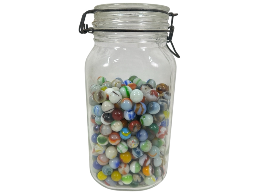 Just Added - Vintage Glass Jar Filled With Vintage Glass Marbles 9.5H