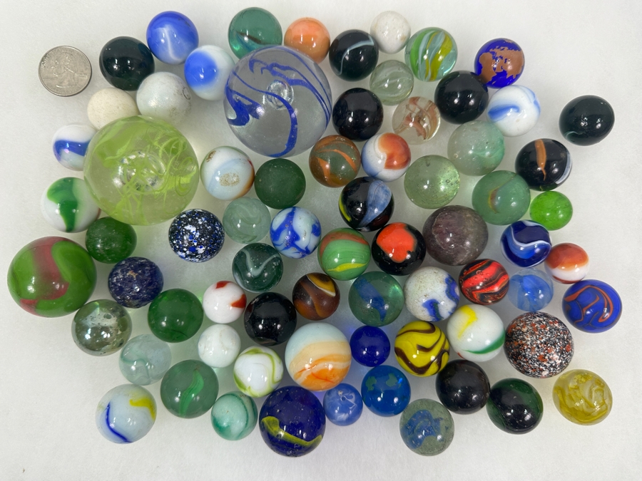 Just Added - Vintage Collection Of Glass Marbles Including Shooters Taws Largest Marble Is 1.75'W [Photo 24]