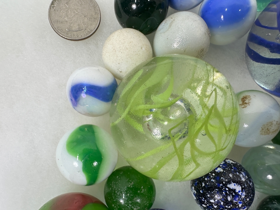 Just Added - Vintage Collection Of Glass Marbles Including Shooters Taws Largest Marble Is 1.75'W [Photo 15]