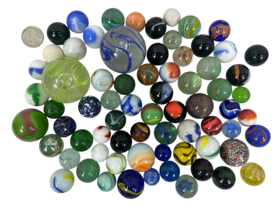 Just Added - Vintage Collection Of Glass Marbles Including Shooters Taws Largest Marble Is 1.75'W