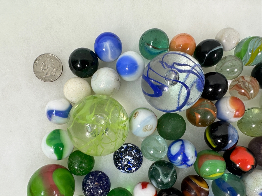 Just Added - Vintage Collection Of Glass Marbles Including Shooters Taws Largest Marble Is 1.75'W [Photo 23]