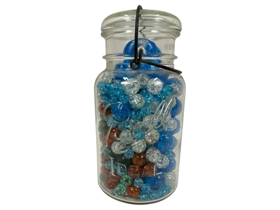 Just Added - Vintage Ball Ideal Glass Jar Filled With Colored Crackle Glass Marbles 7.5'H