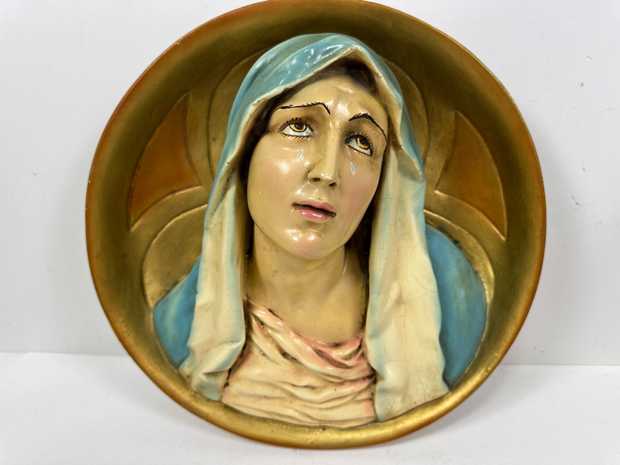 Just Added - Vintage Hand Painted Plaster Chalkware Wall Plaque Of The Madonna Virgin Mary 12W X 5D [Photo 2]